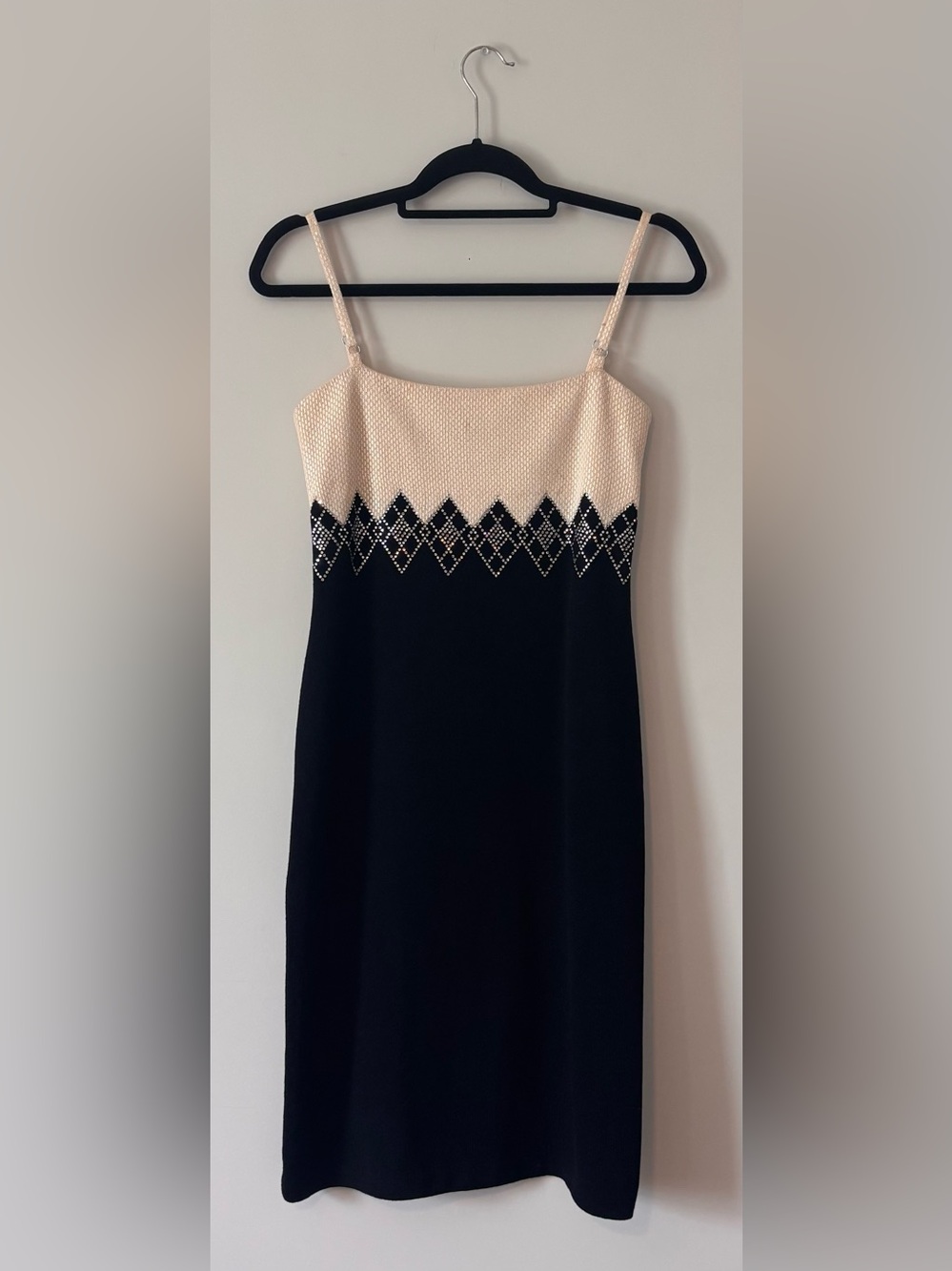 St. John Evening Black & Cream Crystal Argyle Spaghetti Strap Dress Size 8